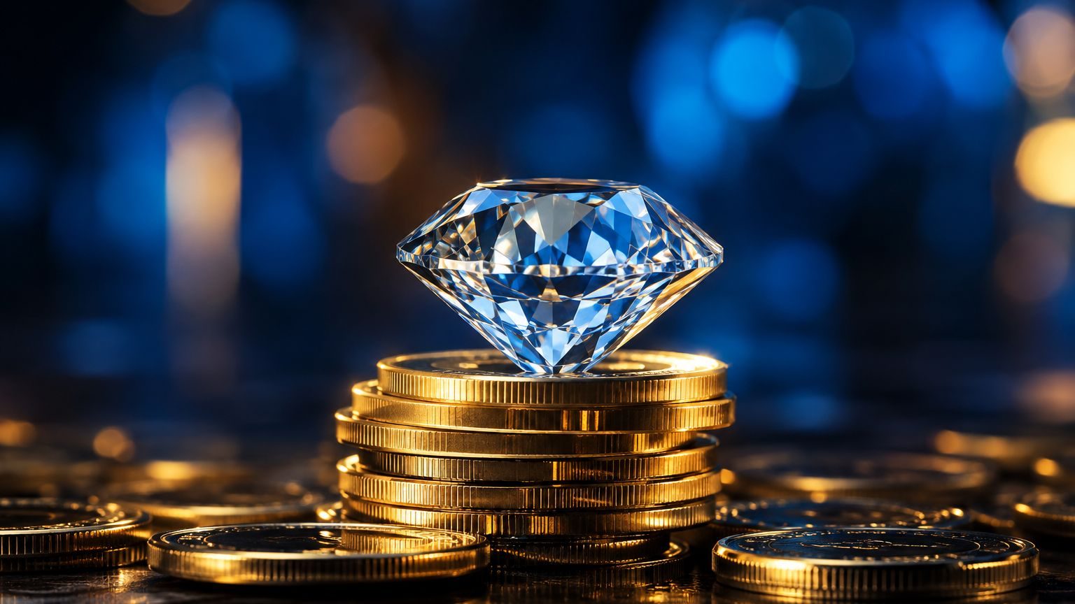 Diamond resting on a stack of gold coins in a product-style render