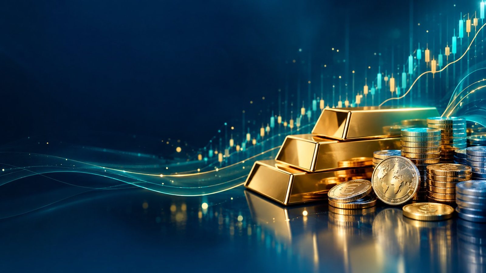 XAUUSD: emas batangan di samping koin mata uang dengan latar grafik harga, ilustrasi data-art