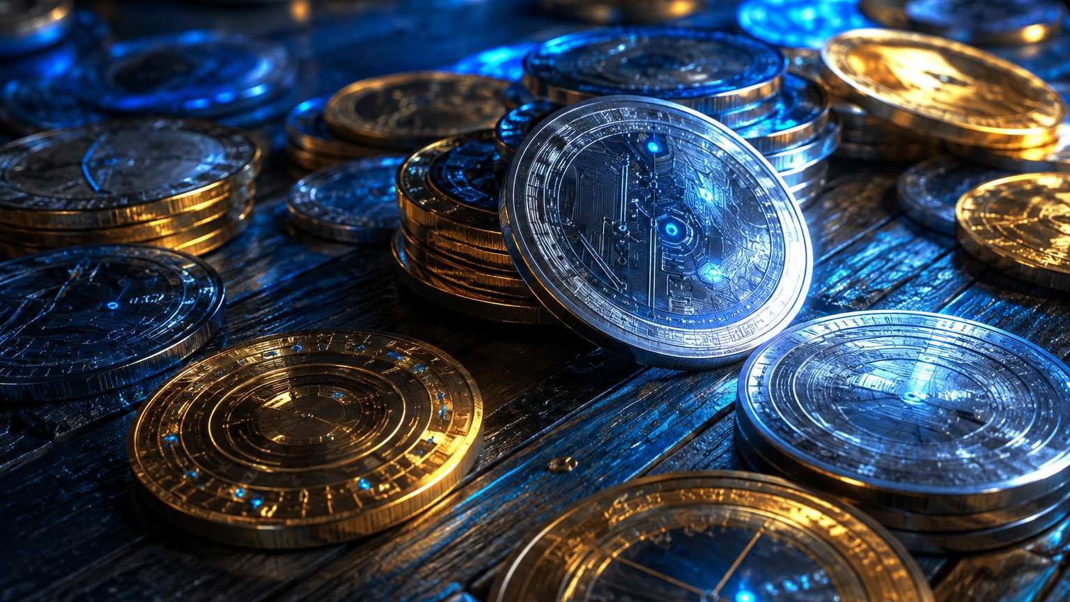 Koin emas dan perak berserakan di atas meja kayu, seni digital futuristik