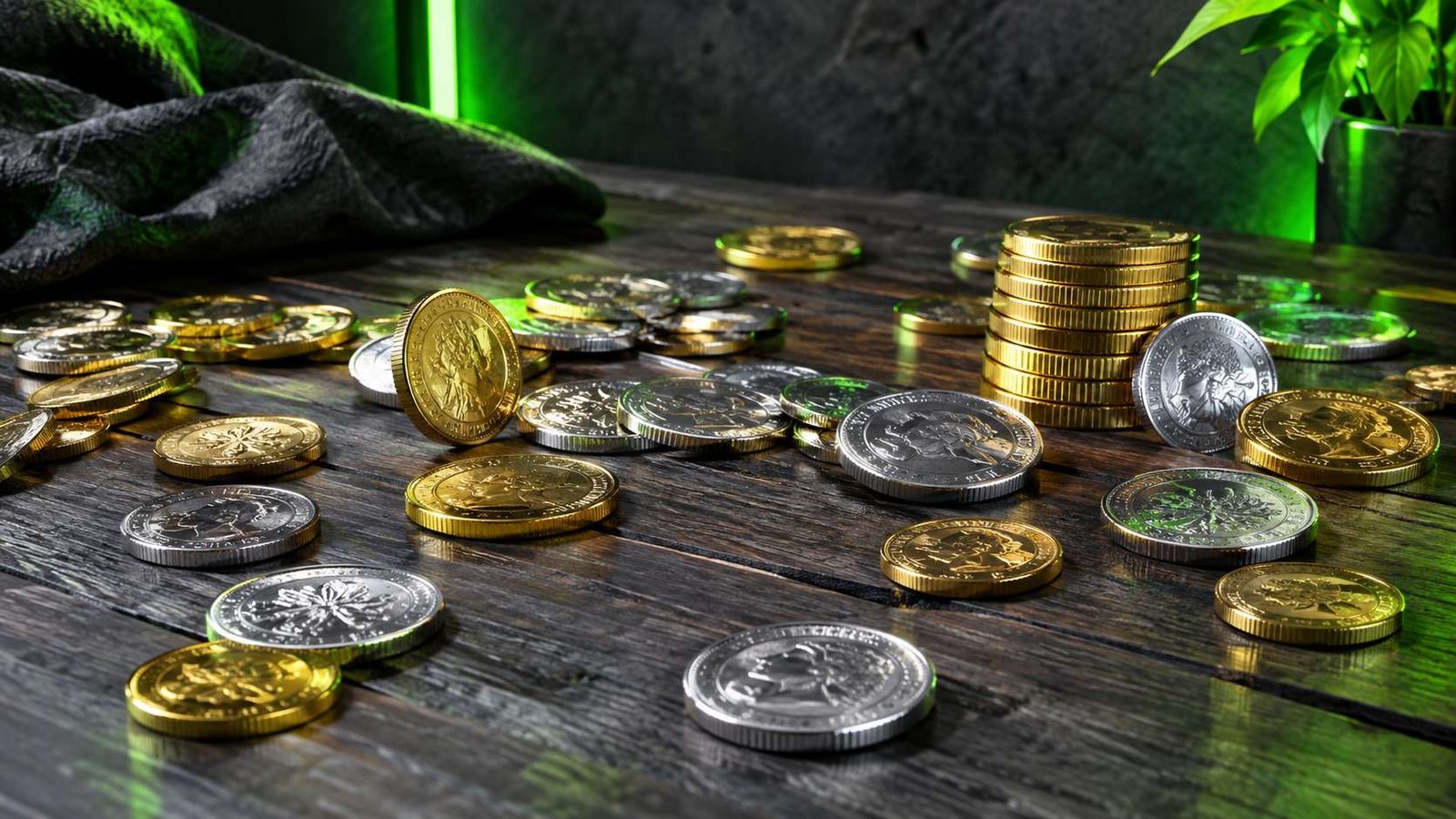 xauusd ทองคำเทียบดอลลาร์: เหรียญทองและเหรียญเงินกระจายบนโต๊ะไม้ ภาพเสมือนจริง