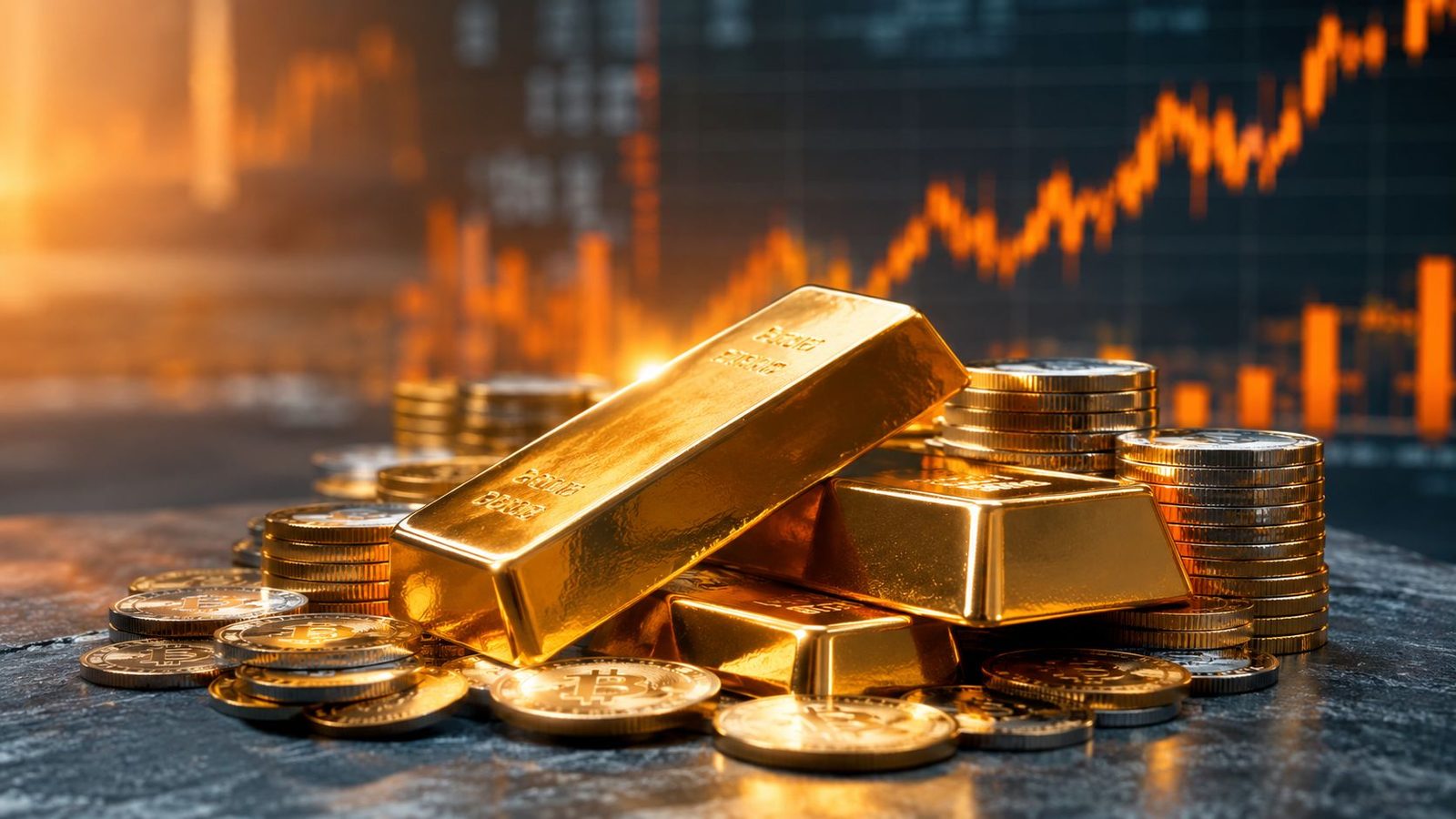 XAUUSD 黃金兌美元：金條與各國貨幣硬幣並列，背景為價格走勢圖的照片