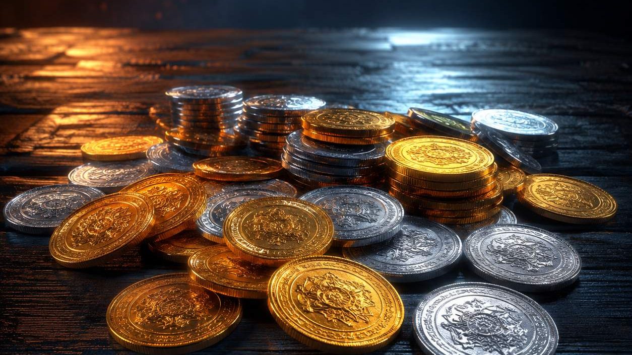 金幣與銀幣散落在木桌上的電影感3D渲染,呼應貴金屬行情