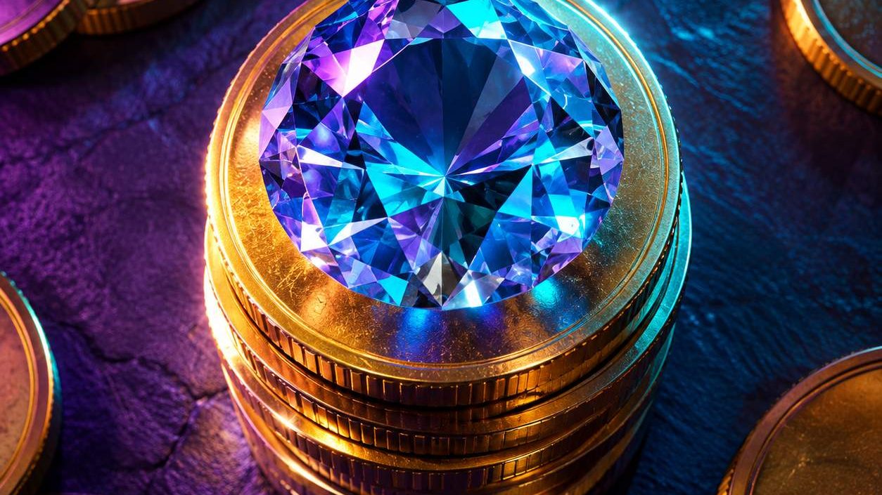 鑽石放在一疊金幣上的黏土風3D渲染